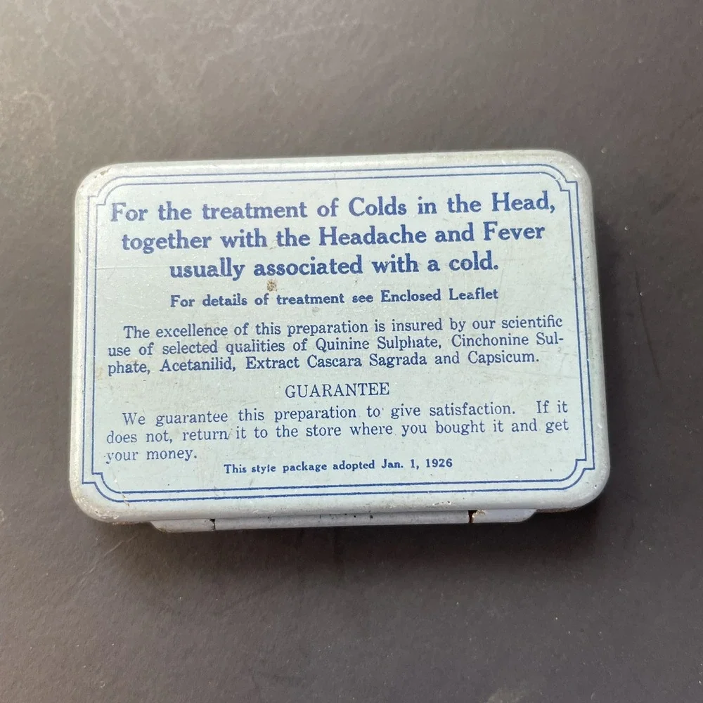 Vtg Rexall Cold Tablets Blue Medicine Tin United Drug Company Empty Insert Paper